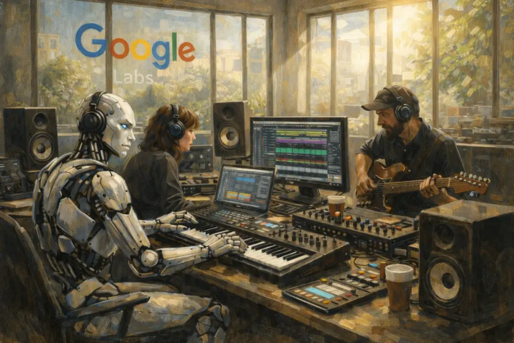 Humanoid AI and human musicians creating music in Google Labs studio