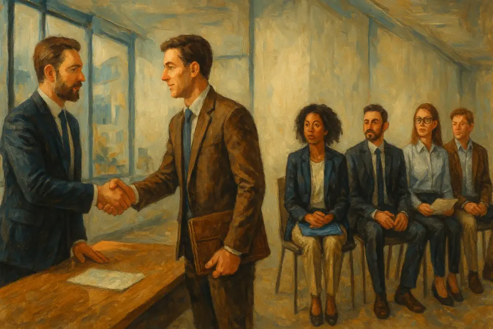 A modern office where a job candidate and interviewer shake hands, with other applicants seated in a line waiting their turn