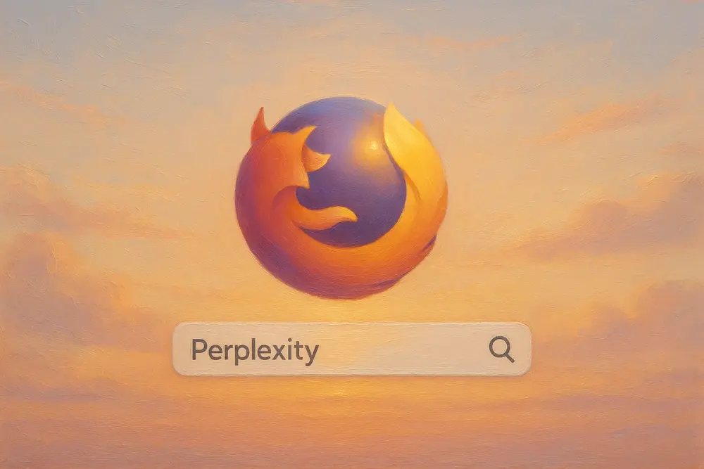 A glowing Firefox logo floating above a white search bar displaying the word “Perplexity"