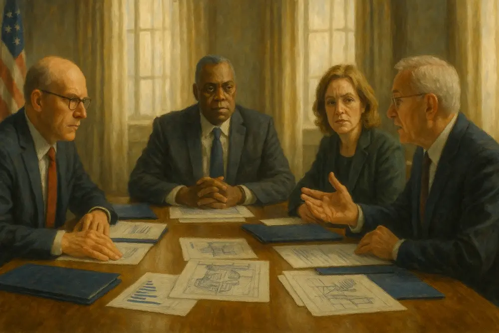 Four defense council members sit around a wooden table reviewing charts and documents