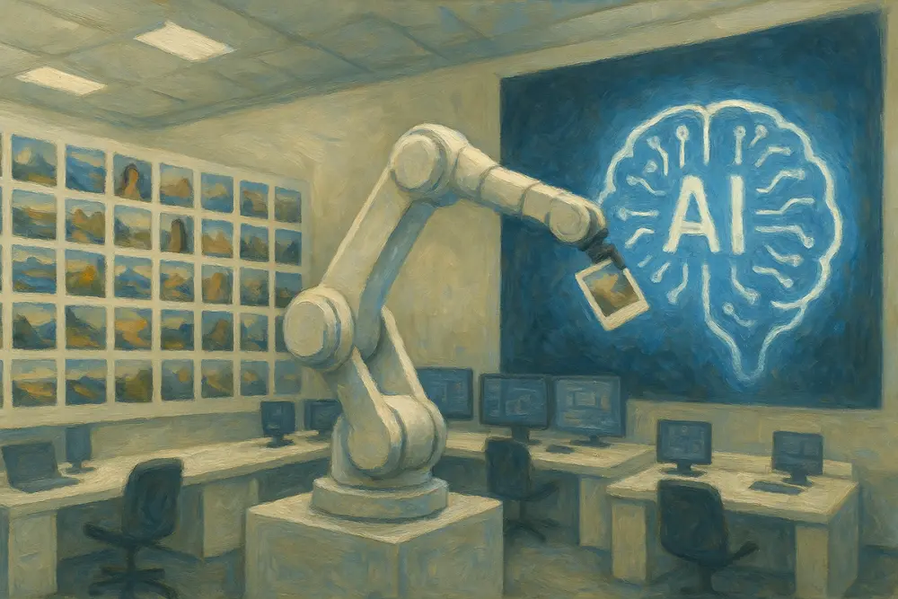 A robotic arm in a white control room transfers photo thumbnails from a digital wall into a glowing AI brain display