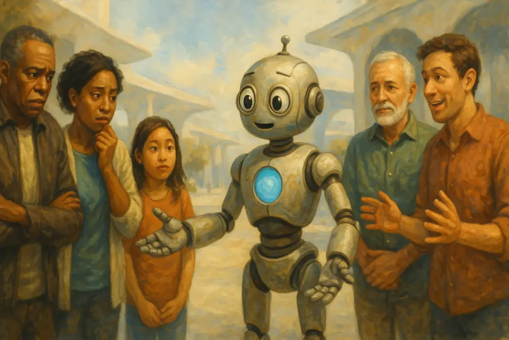 A friendly robot with glowing eyes warmly interacts with diverse people in a bright plaza