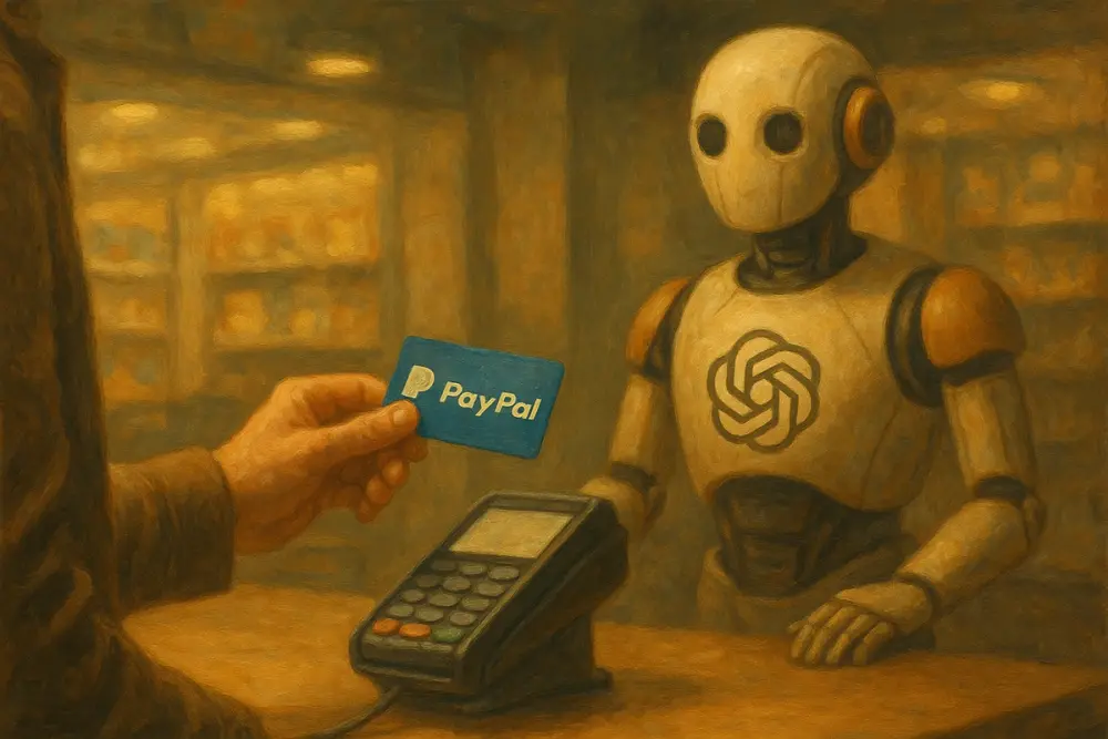 A shopper pays with a PayPal card to an OpenAI robot at a store counter