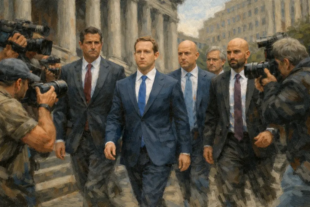 Mark Zuckerberg walks with suited associates outside a courthouse, surrounded by photographers