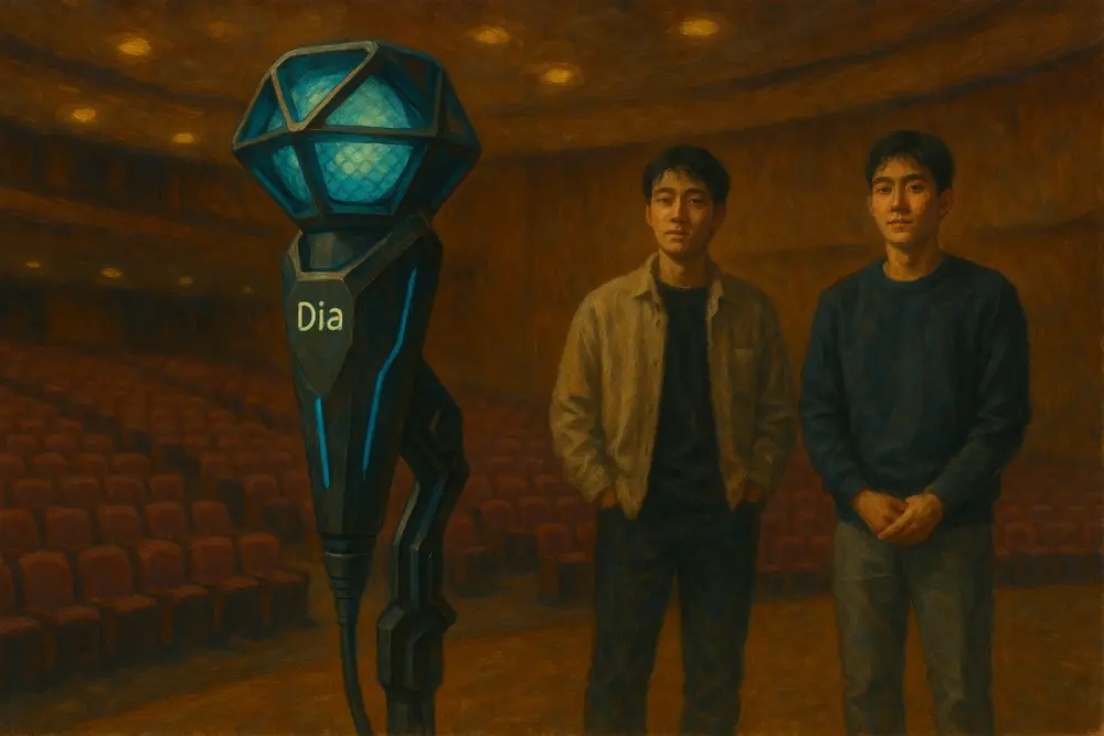 A futuristic microphone labeled "Dia" stands on an auditorium stage, with two young Korean men