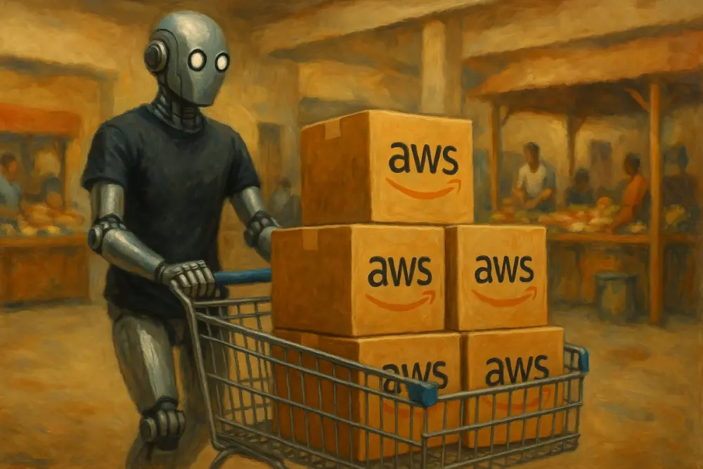 Robot in black T-shirt pushes cart with AWS boxes through indoor marketplace