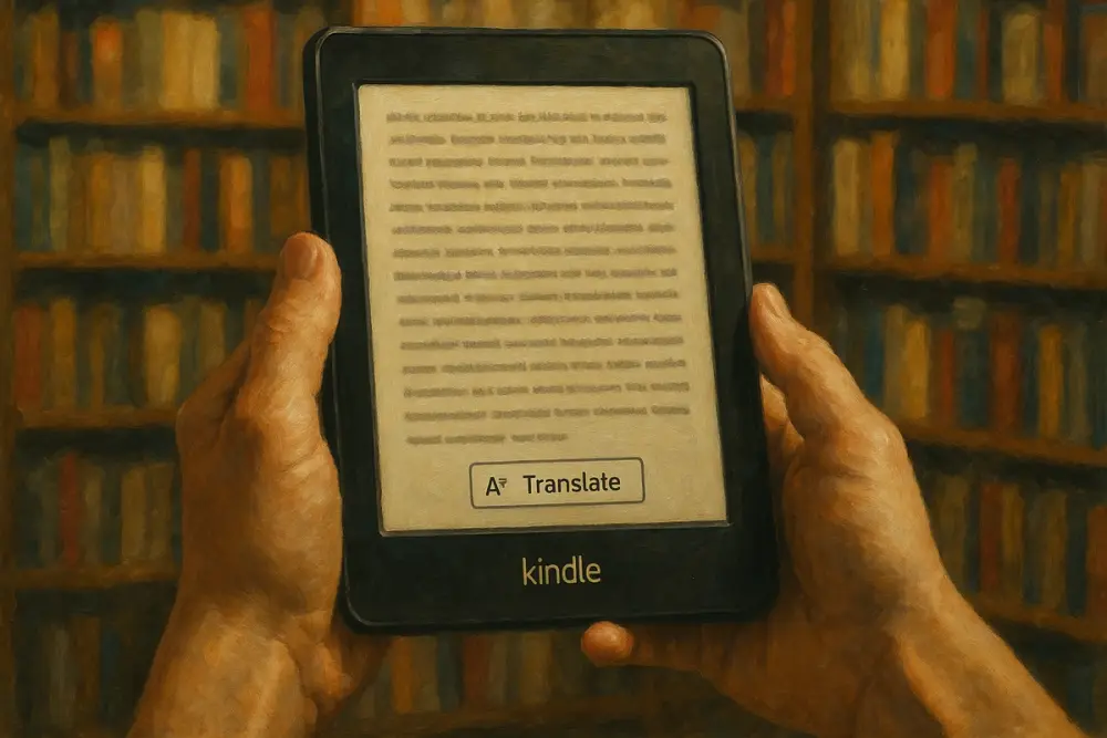 Hands holding a Kindle with a “Translate” button visible