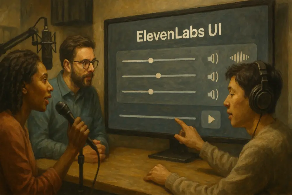 Three developers collaborate around a touchscreen labeled “ElevenLabs UI