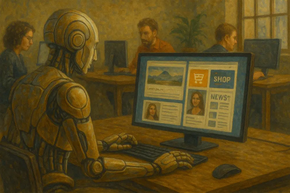 A humanoid AI browses websites on a desktop computer