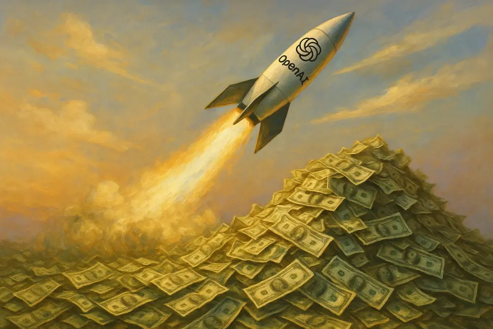 A rocket with the OpenAI logo launches upward from a massive pile of dollar bills