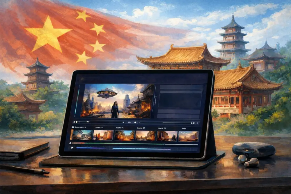 Tablet with AI video editor, Chinese flag and pagodas in daytime background