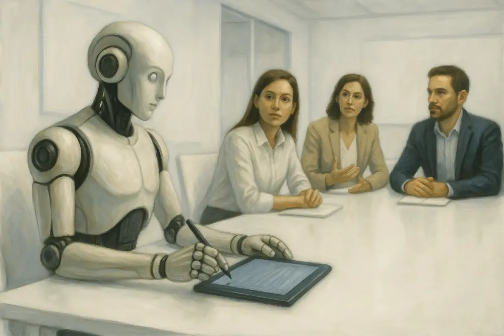 AI taking notes on a digital tablet during a meeting in a sleek, all-white conference room with three human colleagues