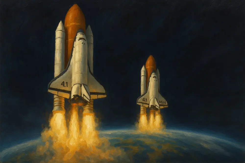 Two space shuttles labeled "4.1" and "4.1 Mini" launch into outer space