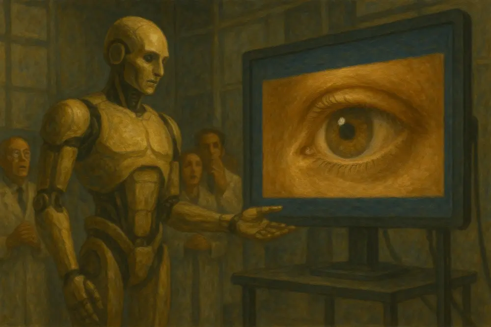 A humanoid robot stands beside a screen showing a close-up of a human eye