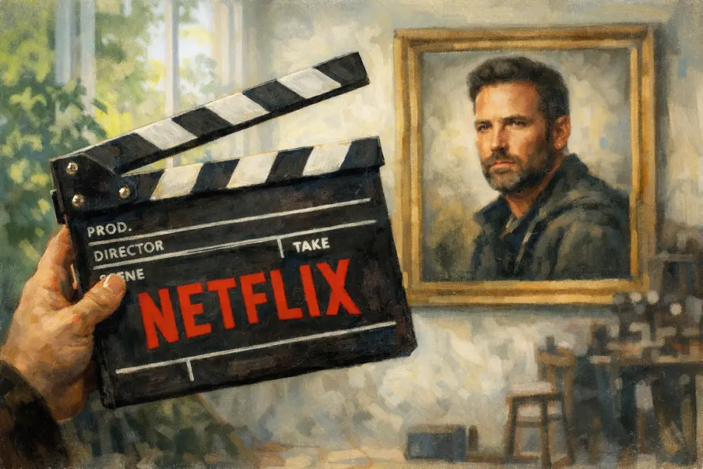 Hand holding a Netflix clapperboard in a sunlit studio, with a blurred Ben Affleck portrait in the background