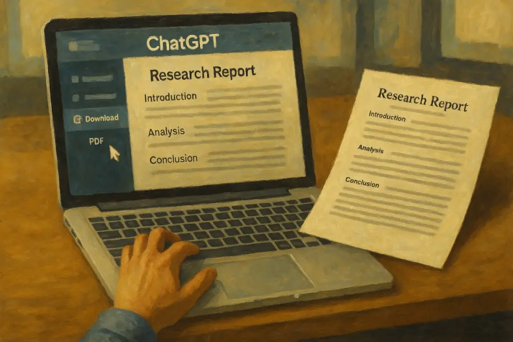 User downloads a ChatGPT research report with a printed copy