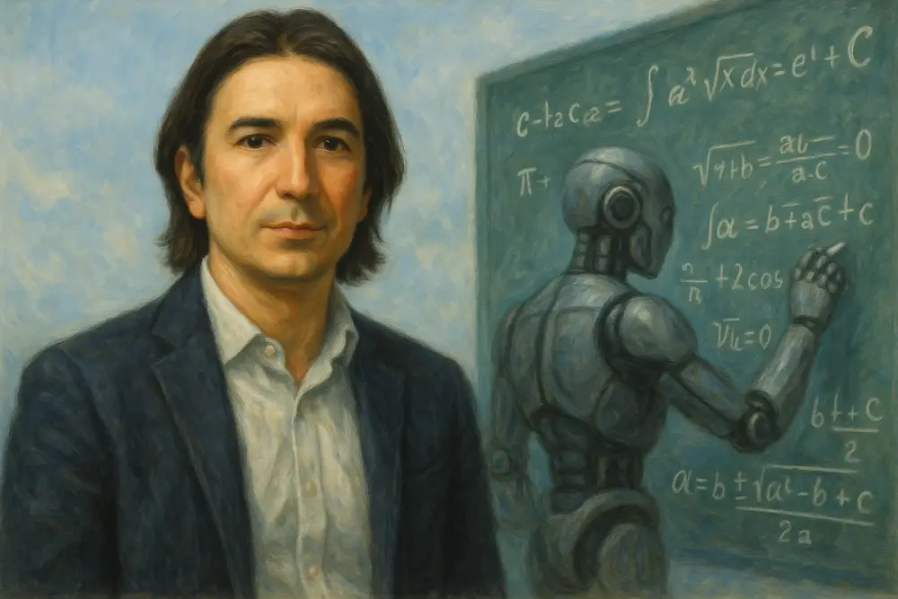 Vlad Tenev stands in focus while an AI writes equations on a glass board in the background