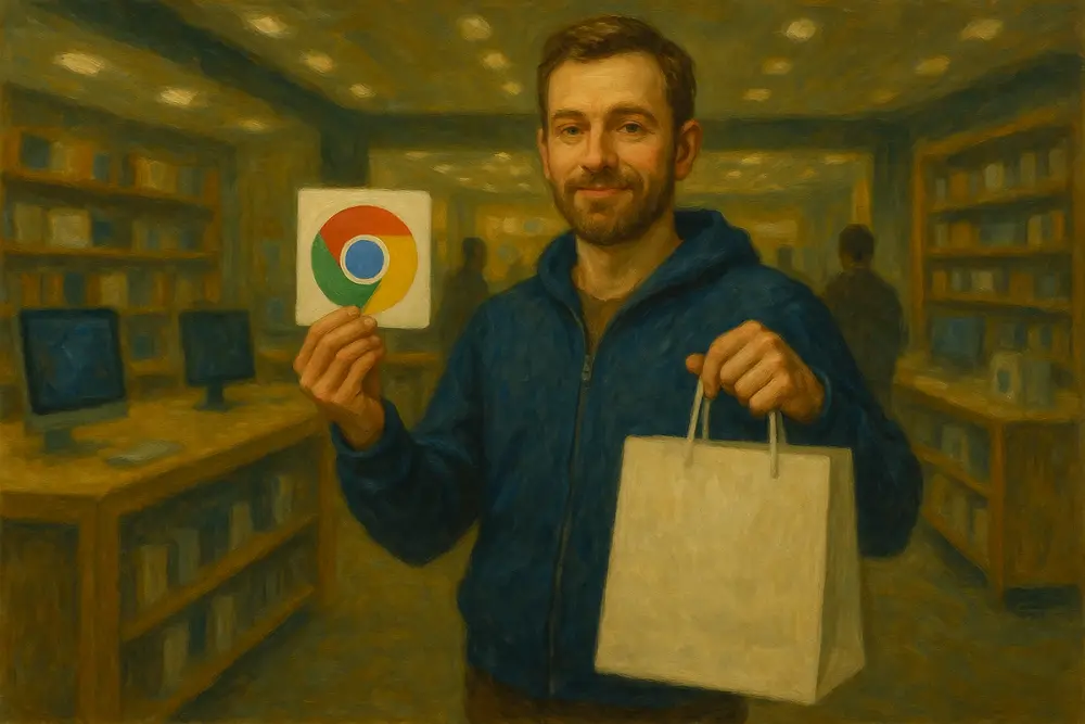 A man in a tech store holds a Chrome logo card and a plain shopping bag