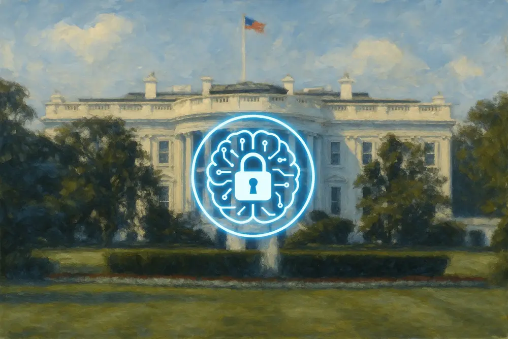 White House with a glowing digital brain and lock symbol in the foreground