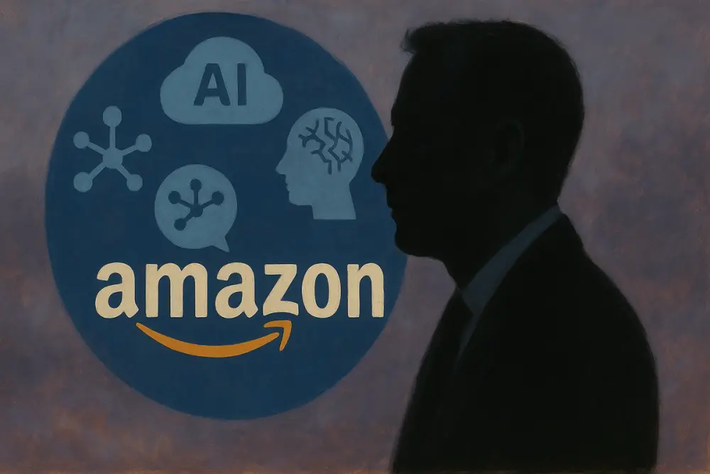 silhouette of a man in a suit next to the Amazon logo, with six AI-related icons arranged inside a large blue circle