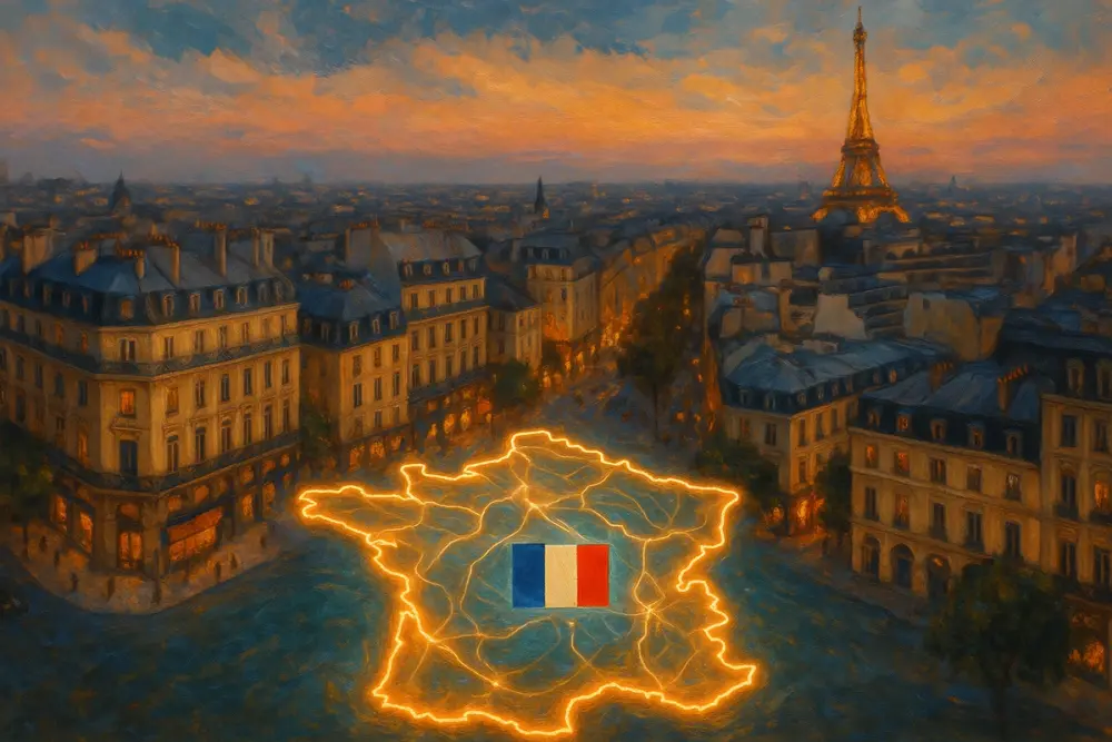 Paris skyline with Eiffel Tower above a glowing map of France and flag