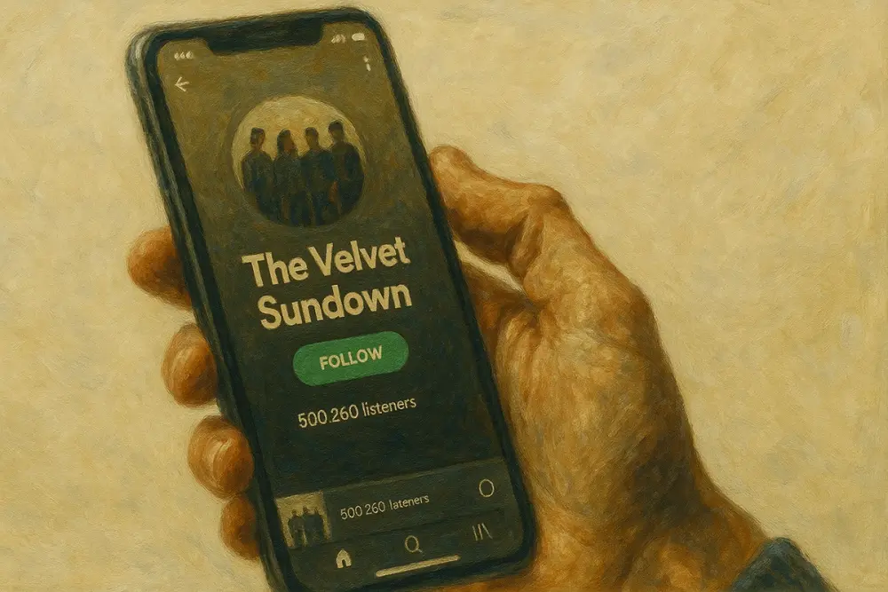 A hand holding a smartphone displaying the Spotify profile of “The Velvet Sundown