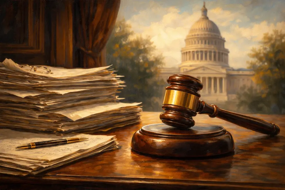 Judge’s gavel with legal documents and a blurred U.S. Capitol in the background