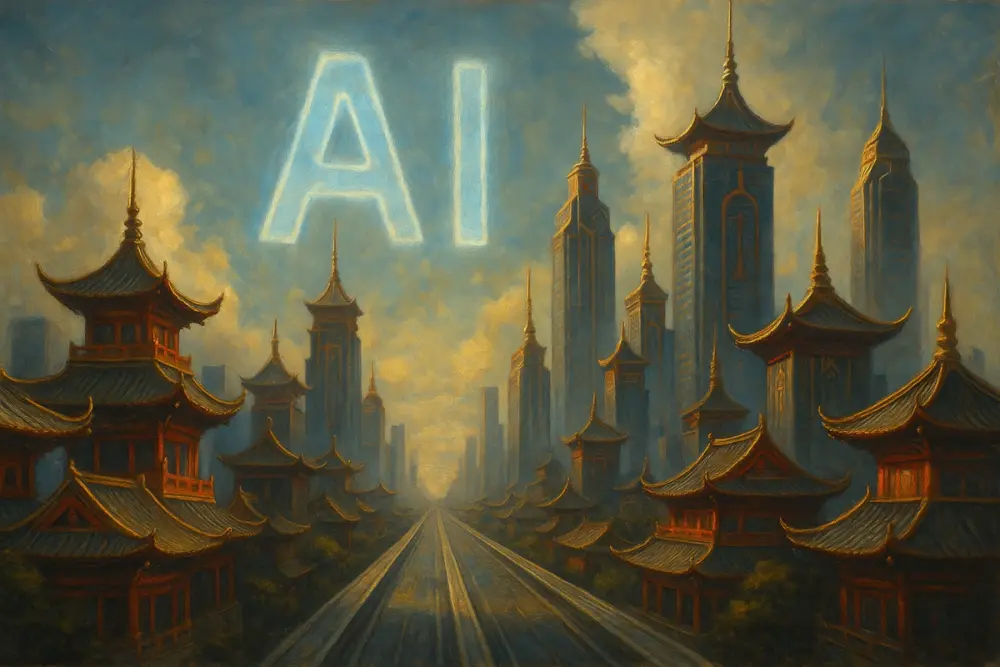 A futuristic Chinese city with glowing “AI” letters in the sky