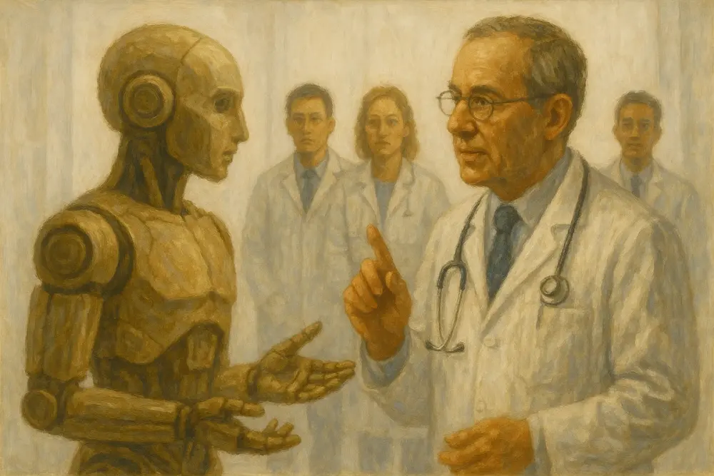 An AI robot and a doctor engage in conversation in a white room, while other doctors in lab coats observe