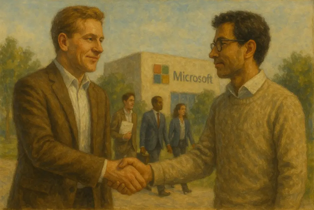 A Microsoft employee shaking hands with a man in a beige sweater, with other professionals walking in the background