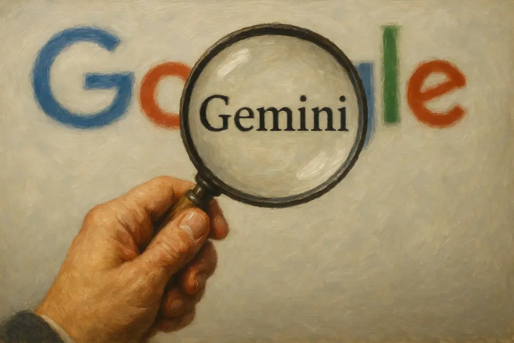 “Gemini” magnified over a blurred Google logo