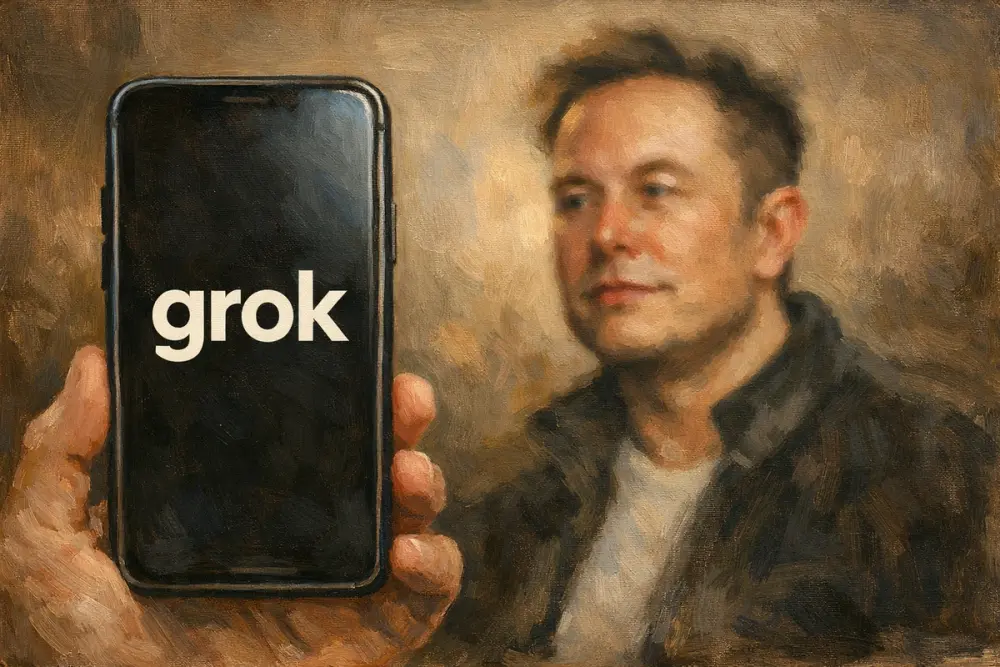 A smartphone in sharp focus shows “grok” on its screen, with a blurred Elon Musk in the background