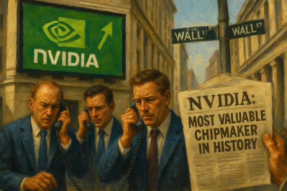 Wall Street with three traders on phones, a large Nvidia billboard showing an upward green arrow, and a passerby holding a newspaper titled “Nvidia: Most Valuable Chipmaker in History.
