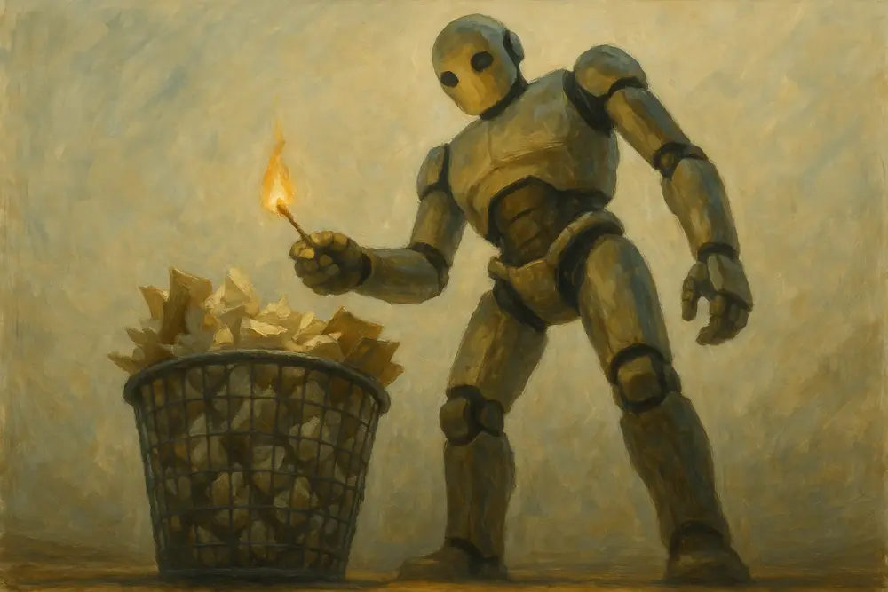 A towering humanoid AI holds a lit match above a metal trash bin overflowing with crumpled papers and folders