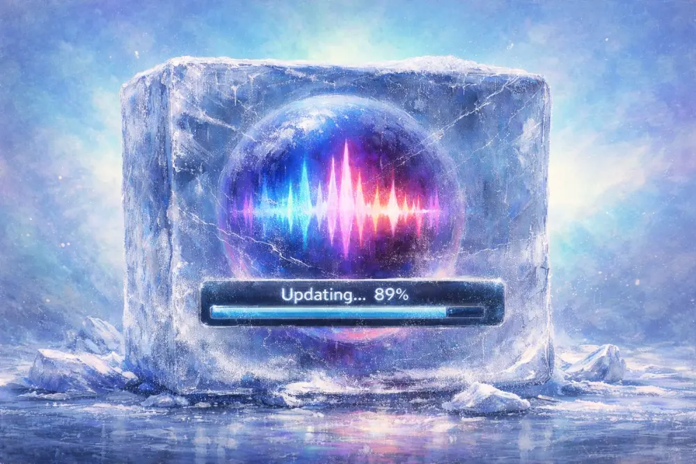 Glowing AI waveform orb trapped in ice with a frozen “Updating… 89%” progress bar