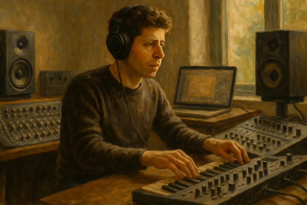 Sam Altman producing music in a sunlit studio