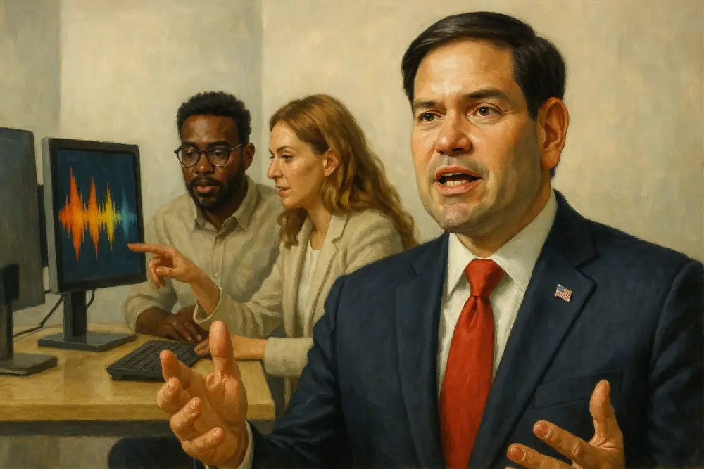 U.S. Secretary of State Marco Rubio speaks confidently in the foreground, while two professionals collaborate at a computer desk behind him, with a colorful AI voice waveform visible on a monitor