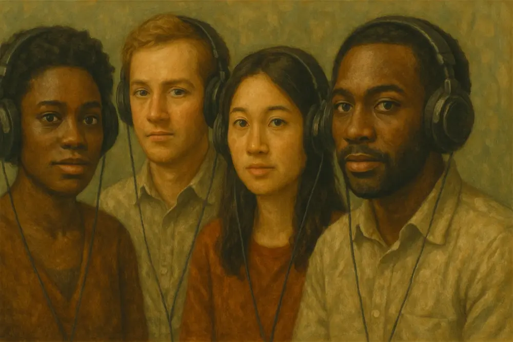 Four diverse people wearing headphones