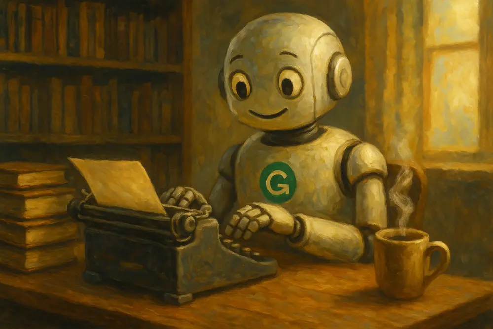 A friendly robot with a Grammarly logo typing on a vintage typewriter at a wooden desk, with books, a steaming coffee mug