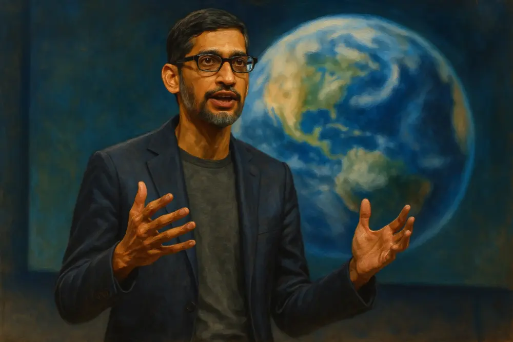 Sundar Pichai speaking on stage with a blurred digital globe behind him