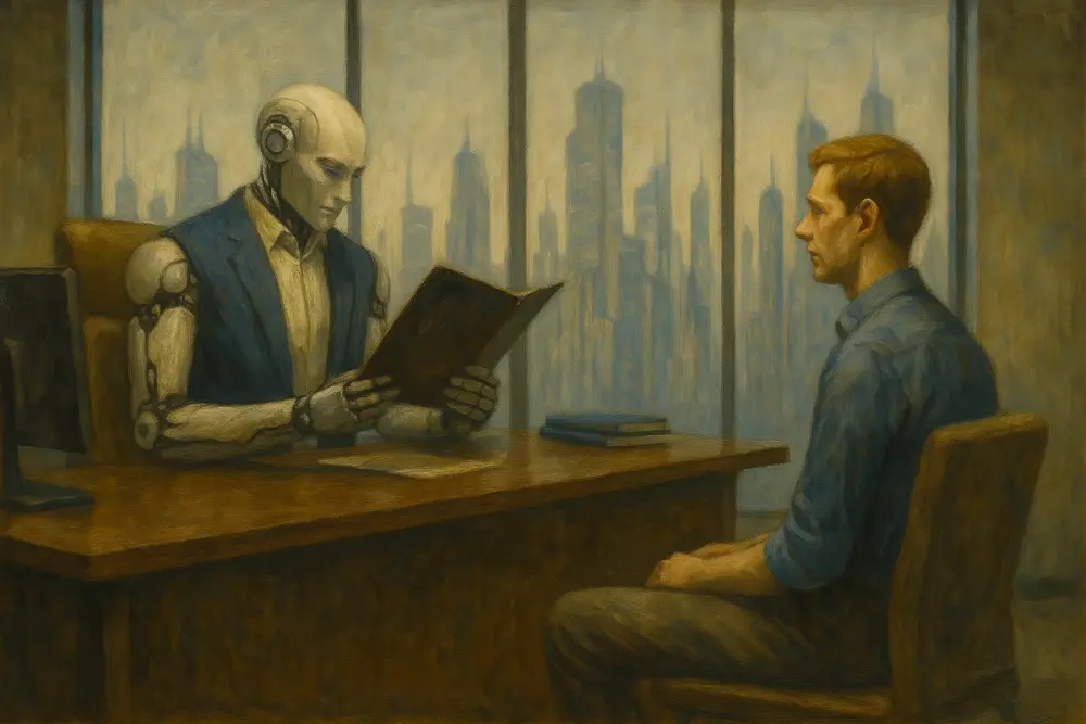 A humanoid robot sits confidently behind a desk, reviewing a folder, while a human applicant sits upright across from it in a modern office