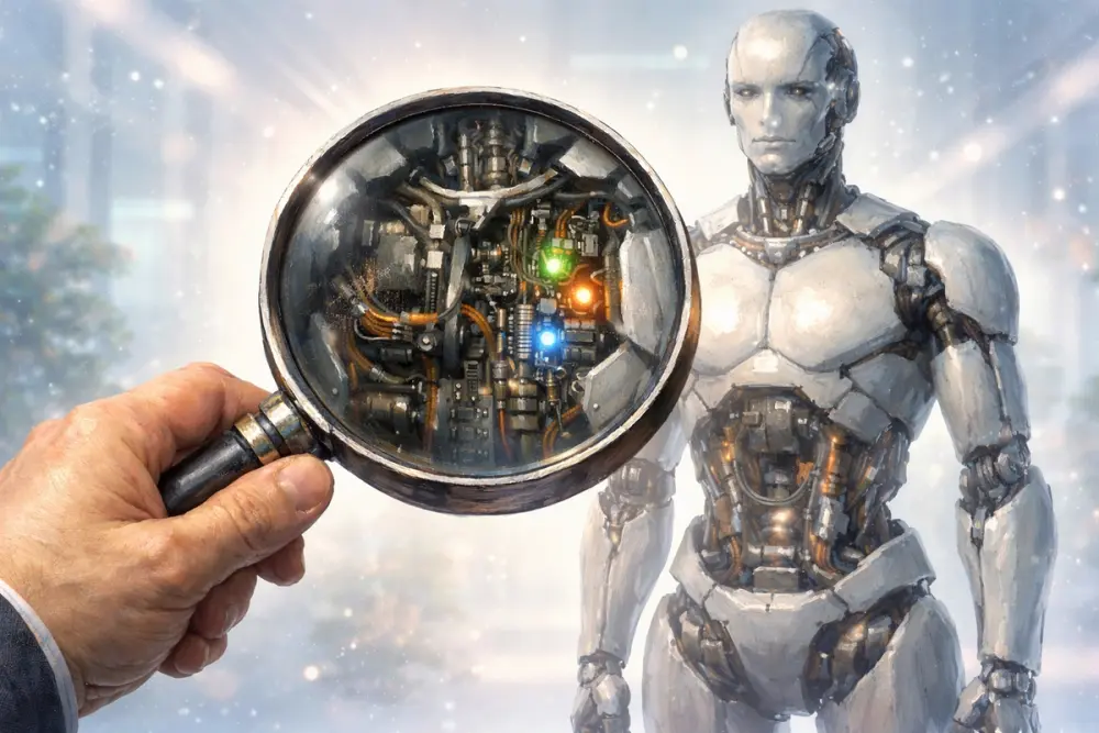 Human hand inspecting a humanoid robot’s internal circuitry through a magnifying glass