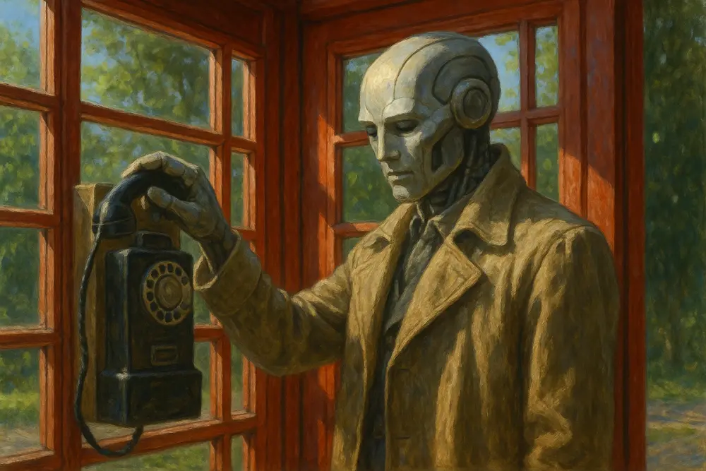 A humanoid AI in a trench coat inside a red phone booth, calmly hanging up a rotary phone