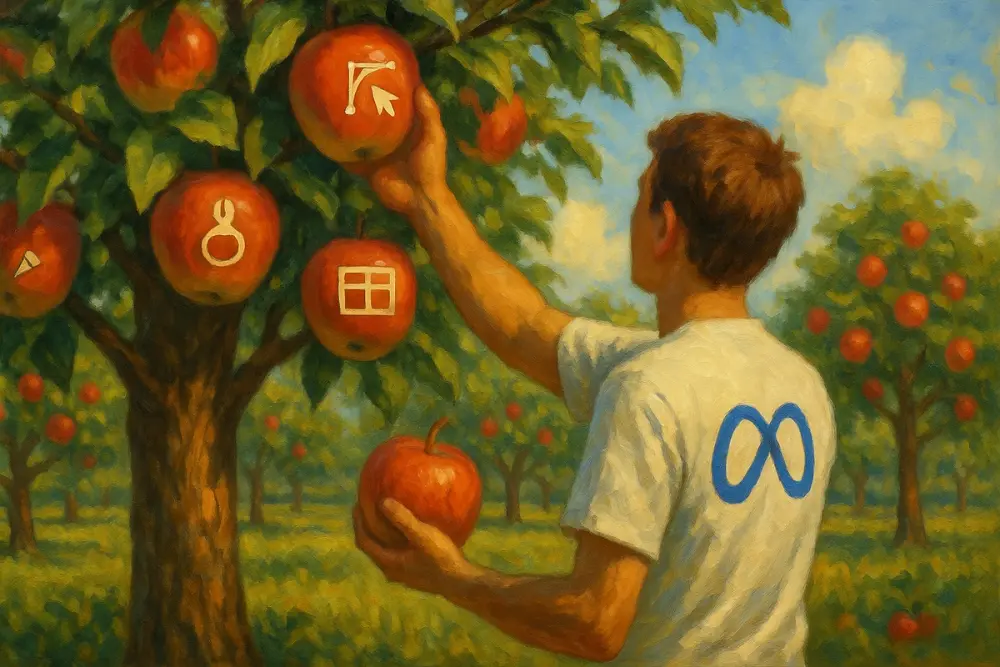 Meta employee picking large apples from a tree, some marked with tiny UI/UX design symbols