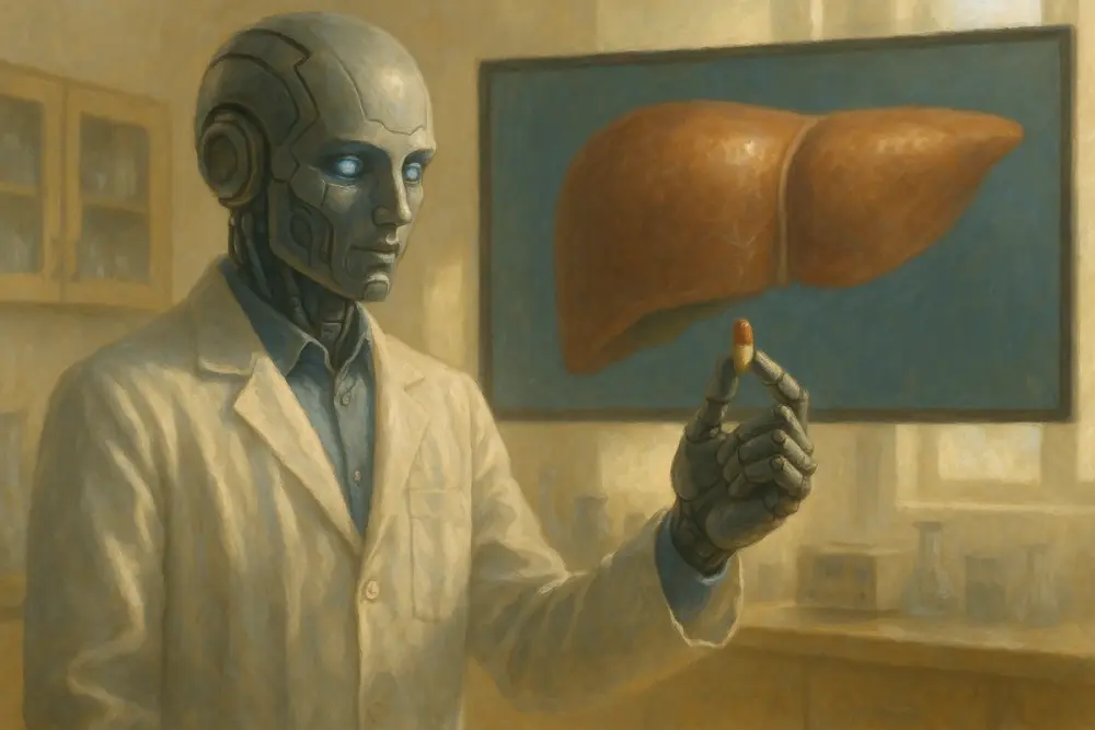 Humanoid robot holds a capsule, with a detailed human liver diagram on screen behind.