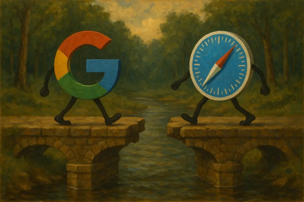 Google and Safari browser icons with cartoon arms and legs walking in opposite directions on a broken stone bridge over a river in a forest