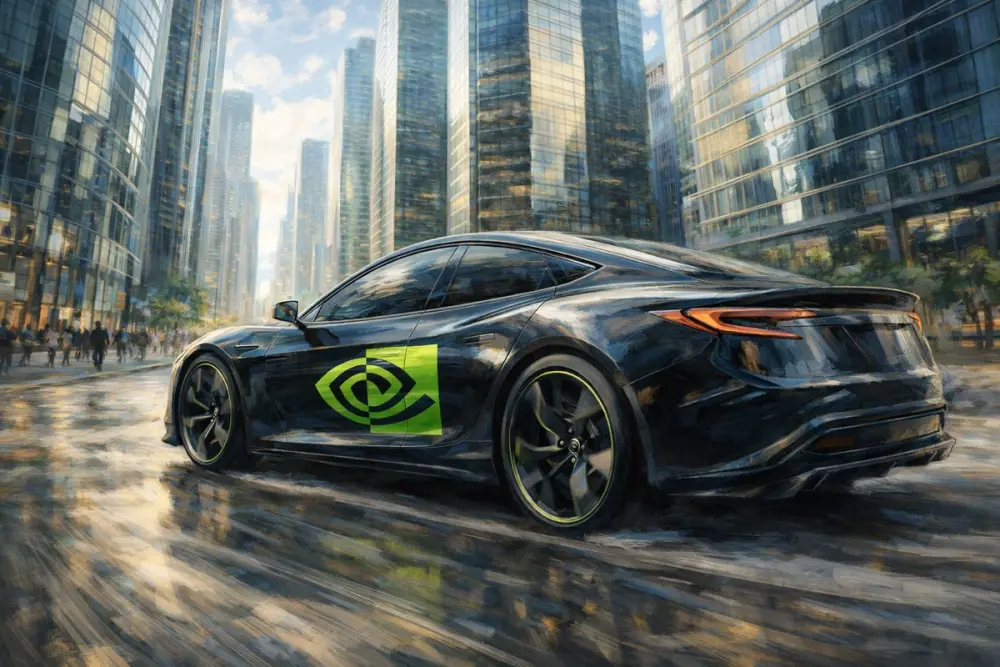 Sleek black futuristic car with an NVIDIA logo drives through a sunny glass-skyscraper city