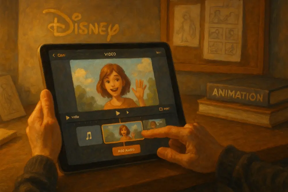 A person edits an animated video on an iPad in a warm, cozy Disney-themed workspace