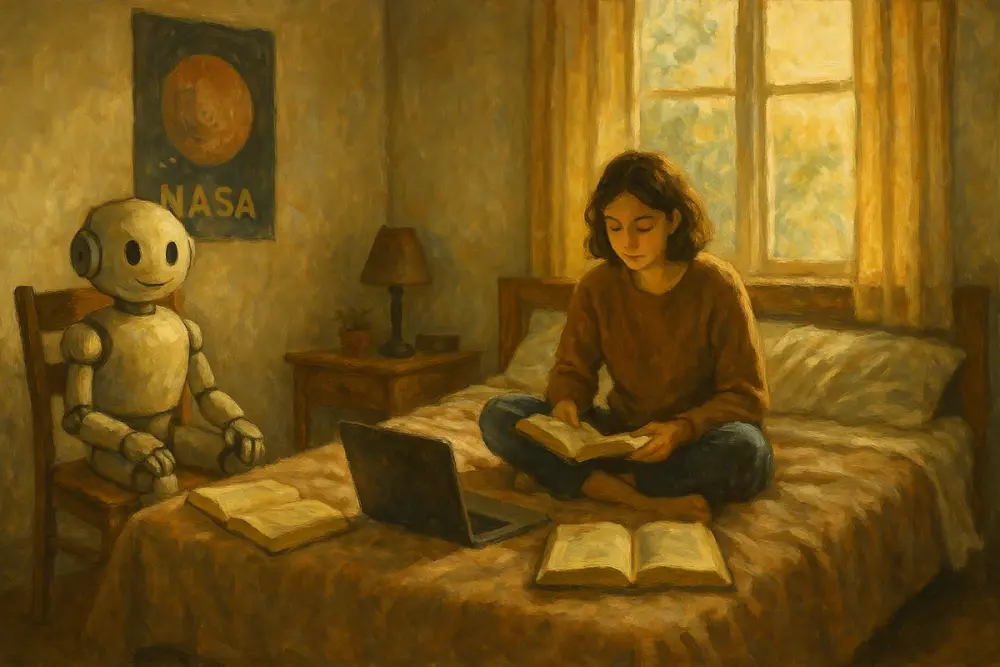 A young woman studies on her bed with books and a laptop, while a friendly robot sits on a nearby chair