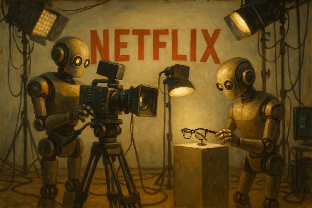 Two robots film smart glasses in a Netflix studio